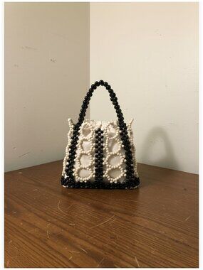 Handmade Wooden Bead Tote Bag, Handwoven Clutch with Drawstring Closure